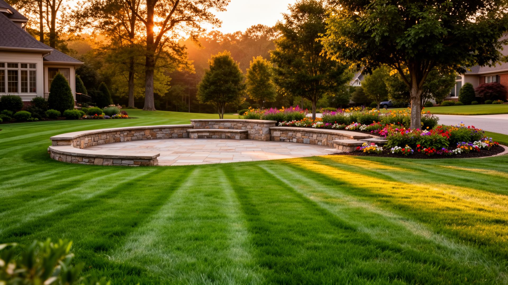 Beautifully landscaped Tennessee yard with stone hardscape and lush green lawn